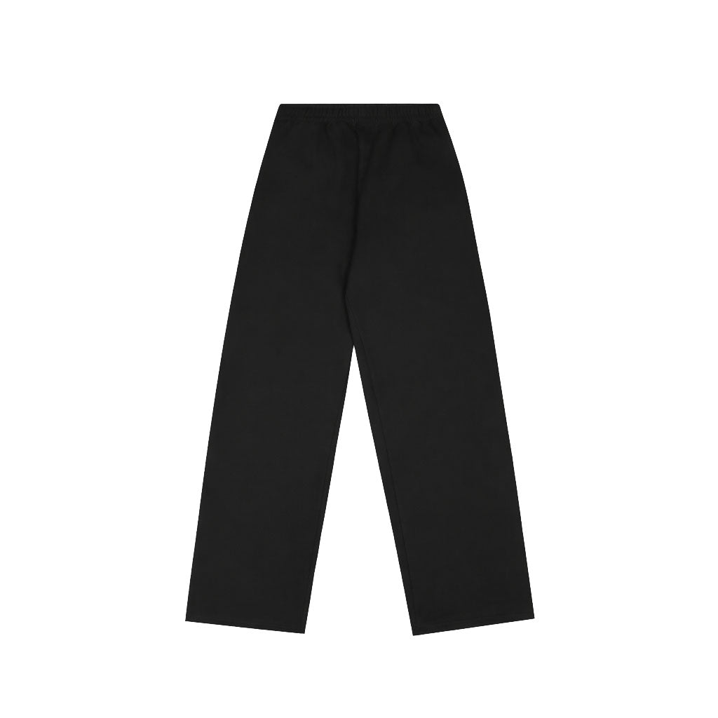 Black baggy sweatpants with relaxed straight-leg fit, elastic waistband with drawstring, and side pockets for everyday comfort.