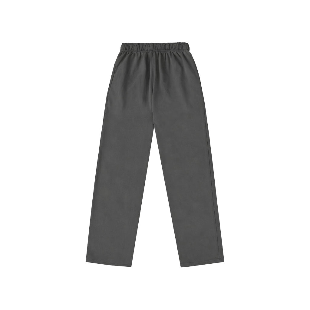 Charcoal open bottom sweatpants with a straight-leg silhouette, relaxed fit, elasticated waistband, and minimal design shown as casual unisex bottoms.