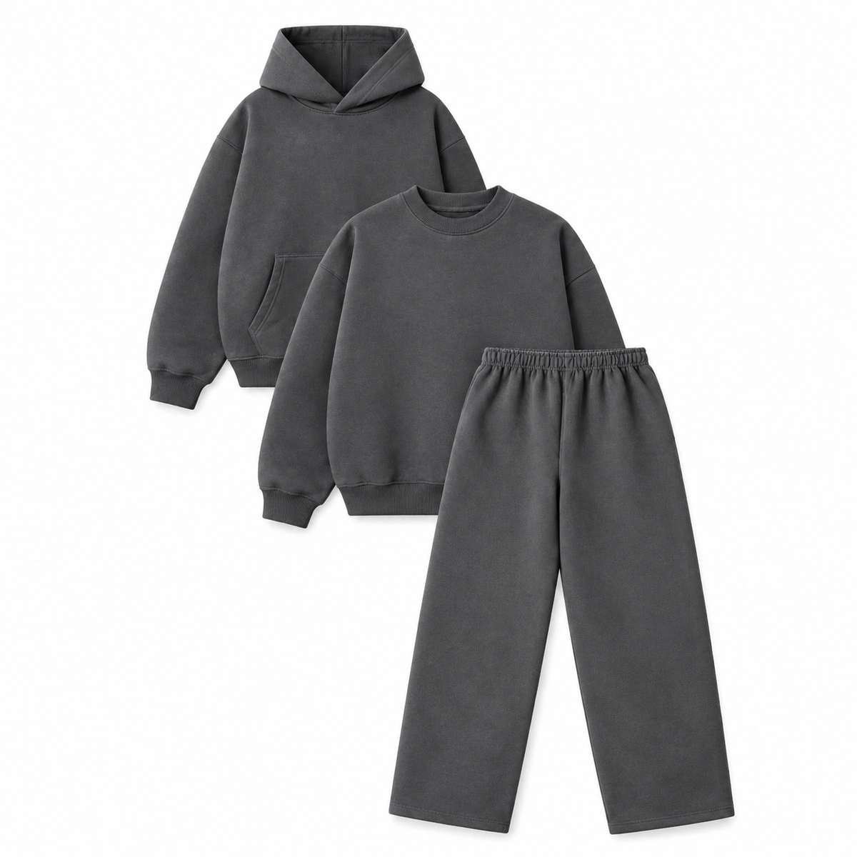 Pack of 3- Hoodie + Baggy Sweatpants + Crewneck- Charcoal