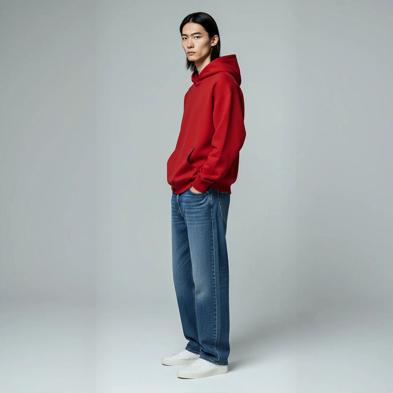 Drop Shoulder Hoodie- Red-zoom-