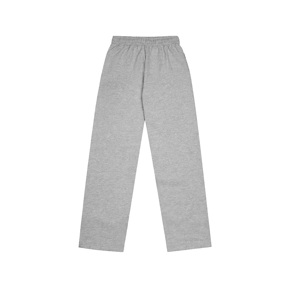 Heather grey open bottom sweatpants with a straight-leg silhouette, relaxed fit, and clean minimal design worn as unisex casual bottoms.