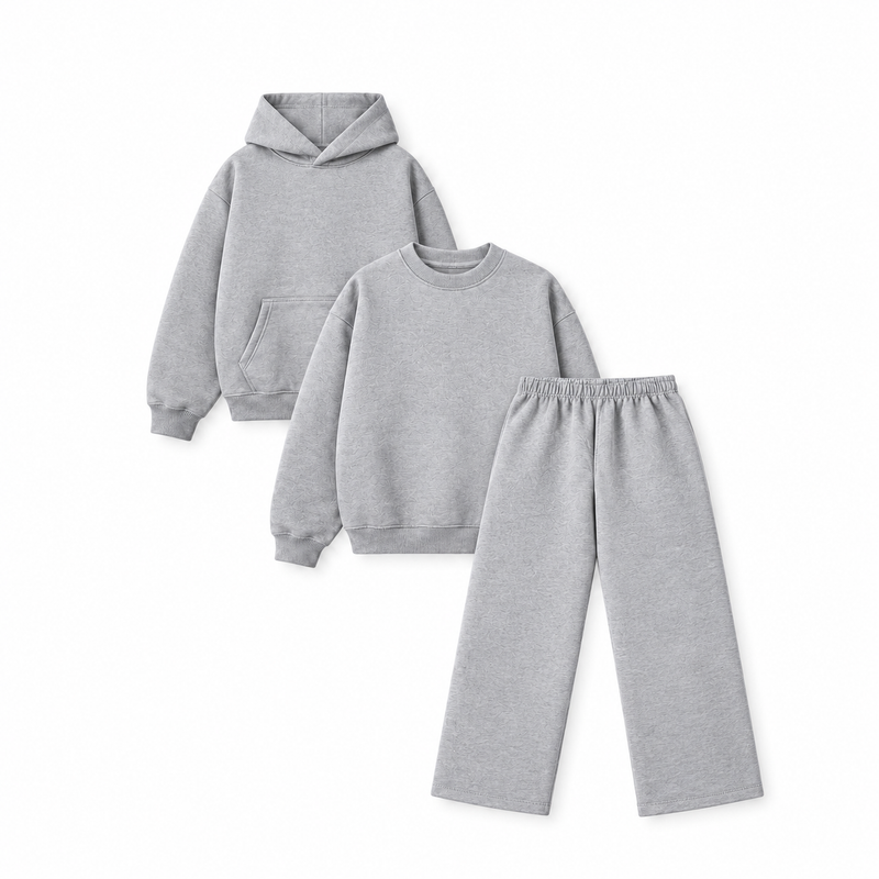 Pack of 3- Hoodie + Baggy Sweatpants + Crewneck- Heather Grey-zoom-