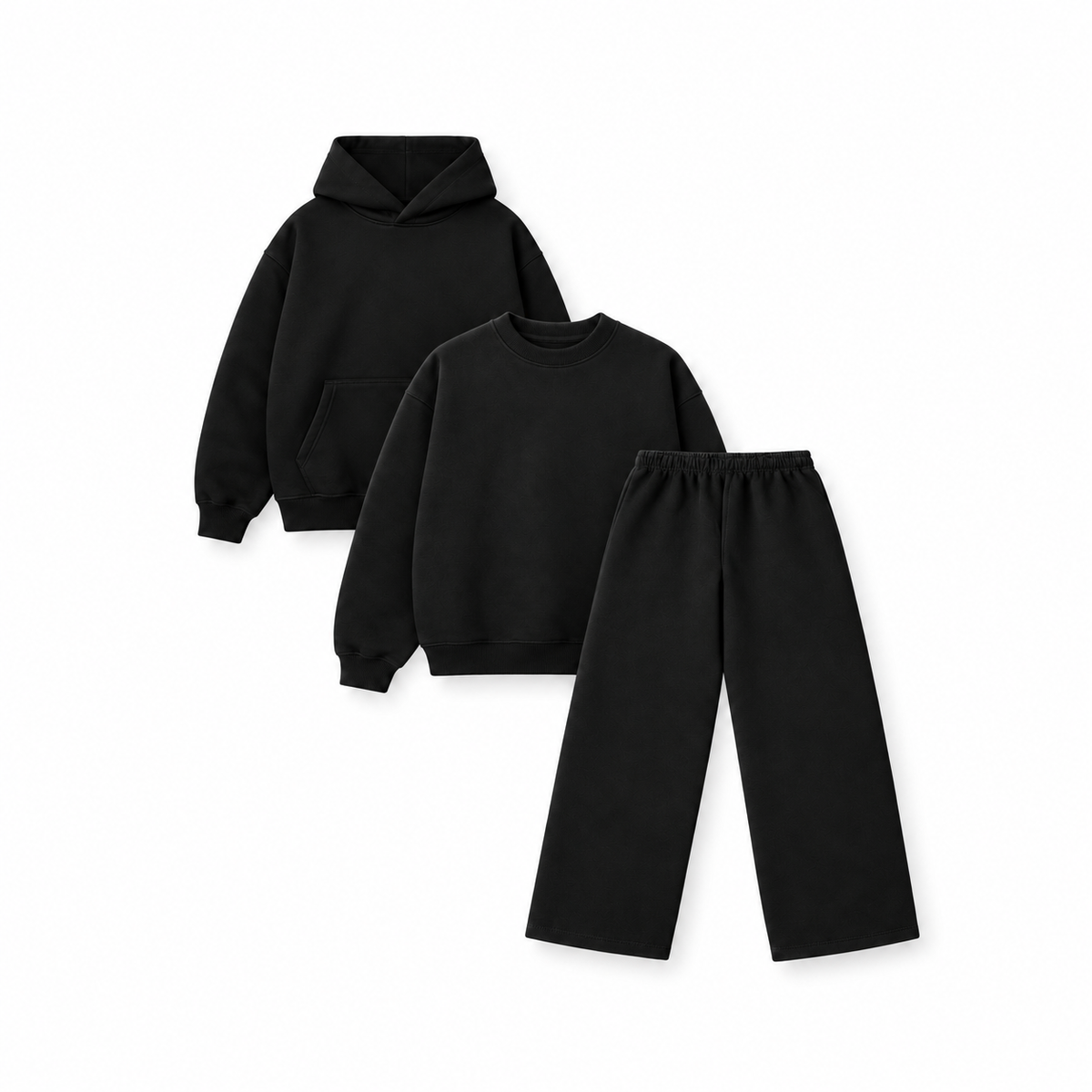 Pack of 3- Hoodie + Baggy Sweatpants + Crewneck- Black