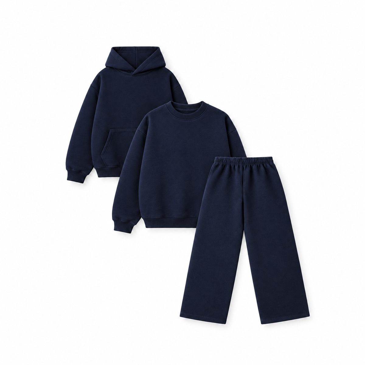 Pack of 3- Hoodie + Baggy Sweatpants + Crewneck- Navy