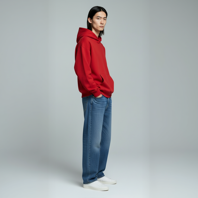 Drop Shoulder Hoodie- Red-zoom-