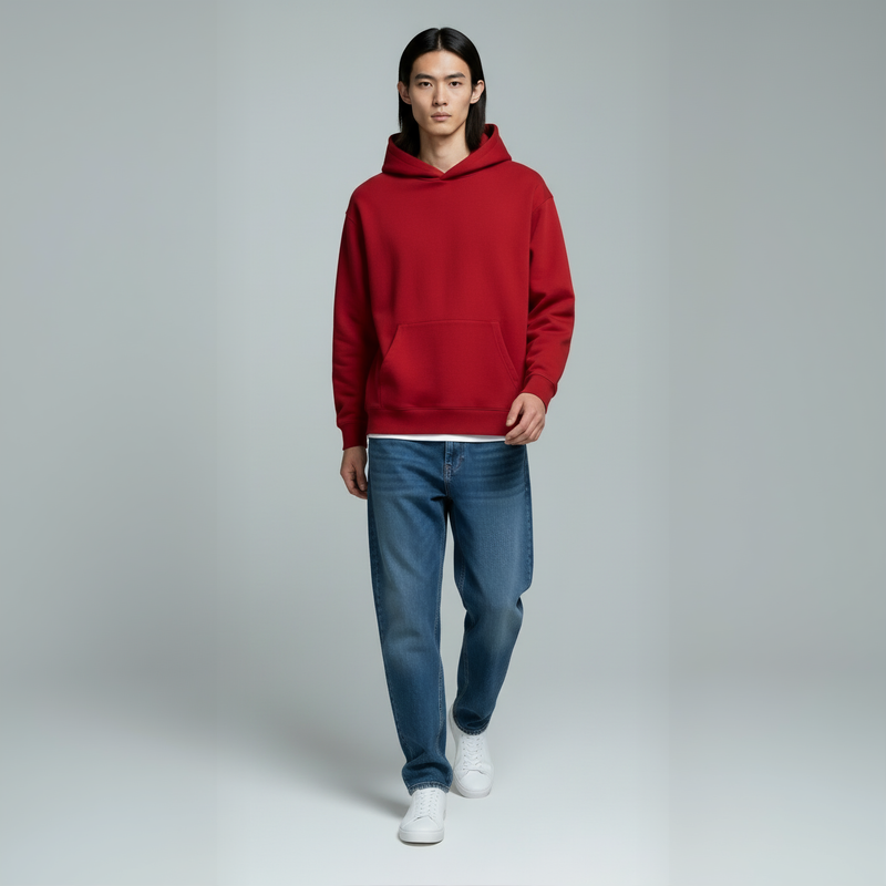 Drop Shoulder Hoodie- Red-zoom-