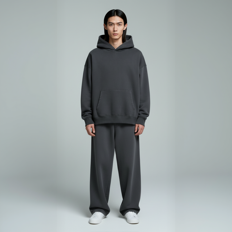 Drop Shoulder Hoodie- Charcoal-zoom-