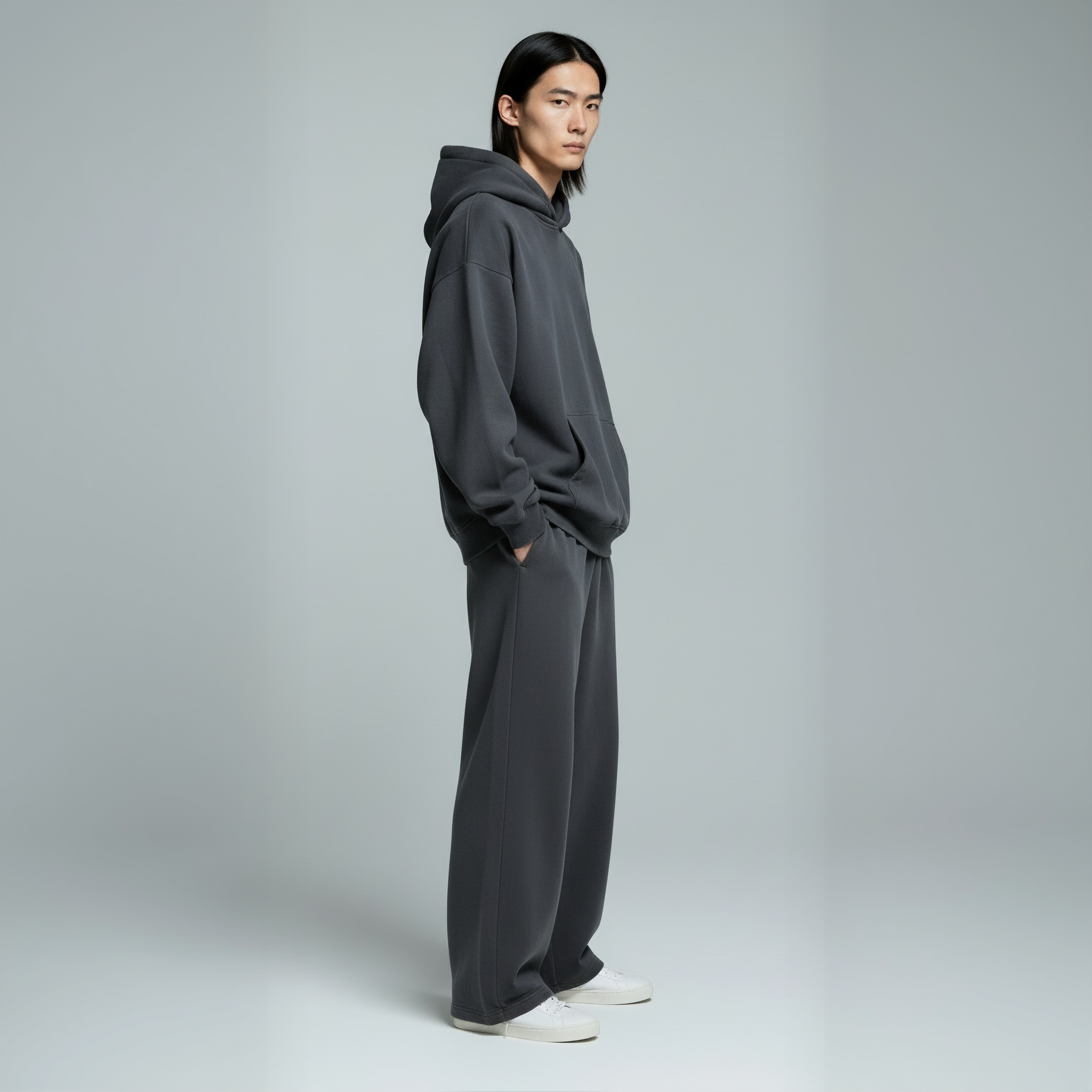 Drop Shoulder Hoodie- Charcoal-zoom-5