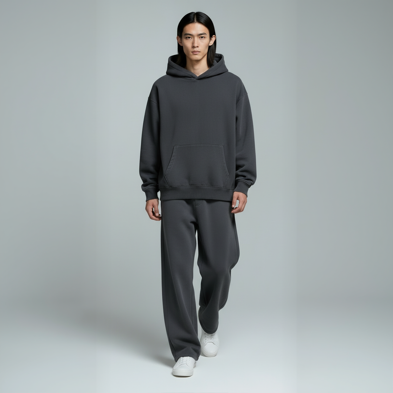 Drop Shoulder Hoodie- Charcoal-zoom-